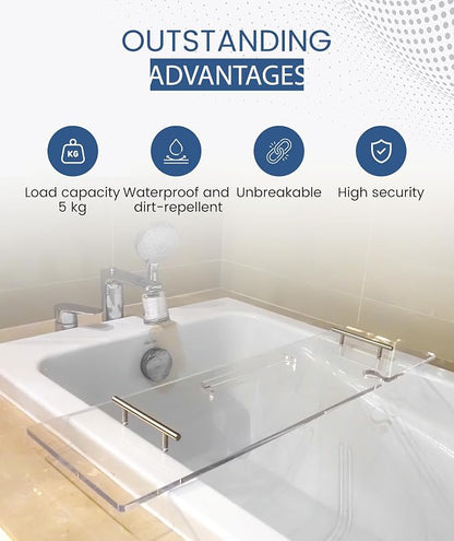 Acrylic Bathtub Tray Clear Bathtub Caddy Bath Tray Table for Tub Luxury Spa with Book and Wine Glass Holder Bathroom Accessories for Bathroom Decoration, Transparent 39.3inch