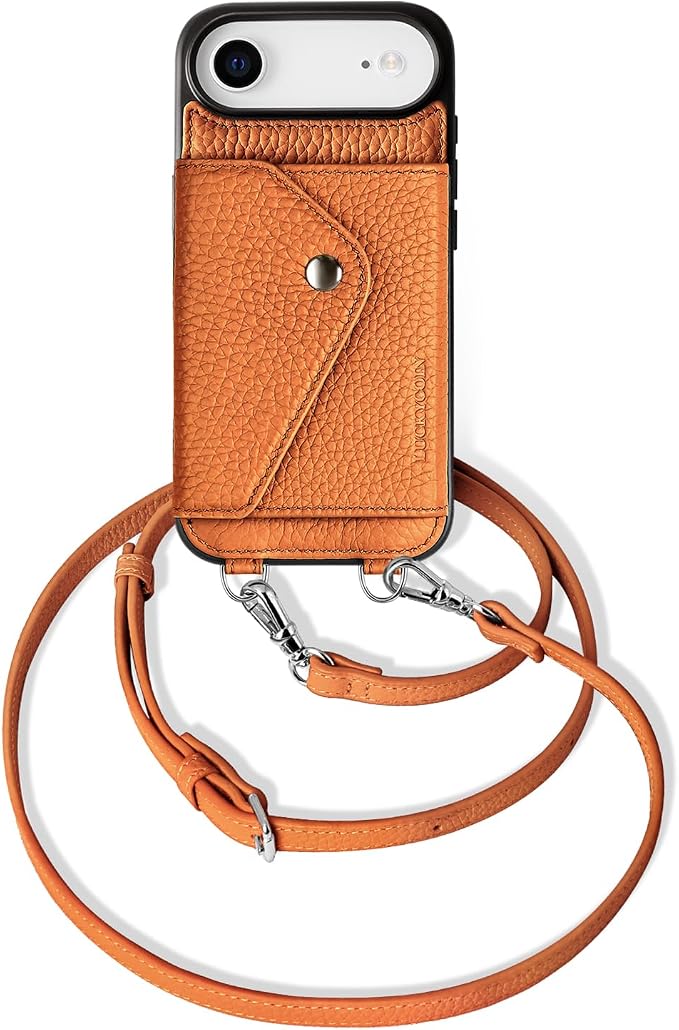 LUCKYCOIN for iPhone Air Crossbody Wallet Case – Genuine Leather Phone Purse with Adjustable Strap and Card Holder,Lanyard Phone Purse Case for Women,Pebble Grain Brown