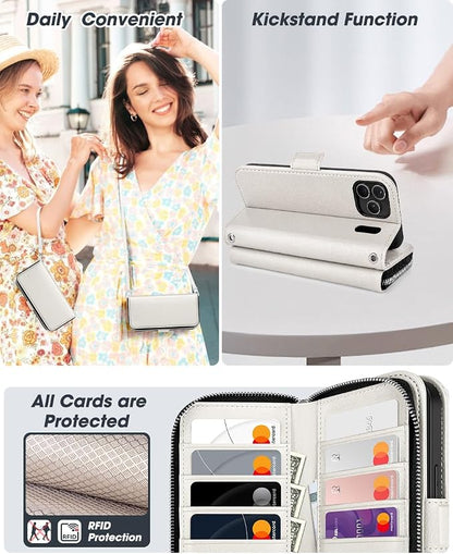 OCASE for iPhone 17 Pro Max Crossbody Wallet Case - Stylish PU Leather Handbag Phone Purse with Zipper Closure, Card Slots & RFID Blocking - Wrist Strap, Lanyard, Kickstand - Cream
