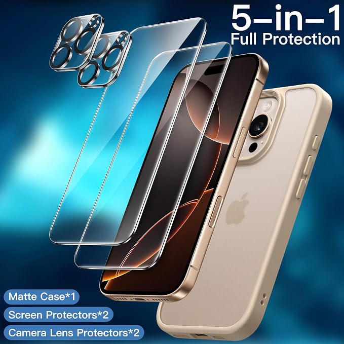 JETech 5 in 1 Matte Case for iPhone 16 Pro Max 6.9-Inch with 2-Pack Each Tempered Glass Screen Protector and Camera Lens Protector, Translucent Back Shockproof Phone Cover (Desert Titanium)