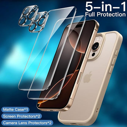 JETech 5 in 1 Matte Case for iPhone 16 Pro Max 6.9-Inch with 2-Pack Each Tempered Glass Screen Protector and Camera Lens Protector, Translucent Back Shockproof Phone Cover (Desert Titanium)
