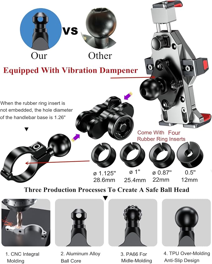 BRCOVAN Anti-Theft Aluminum Alloy Motorcycle Phone Mount with Vibration Dampener & Secure Lock, Adjustable Motorcycle Handlebar Cellphone Holder for Bike Bicycle Scooter ATV, Fit 4.7-7.2'' Smartphone