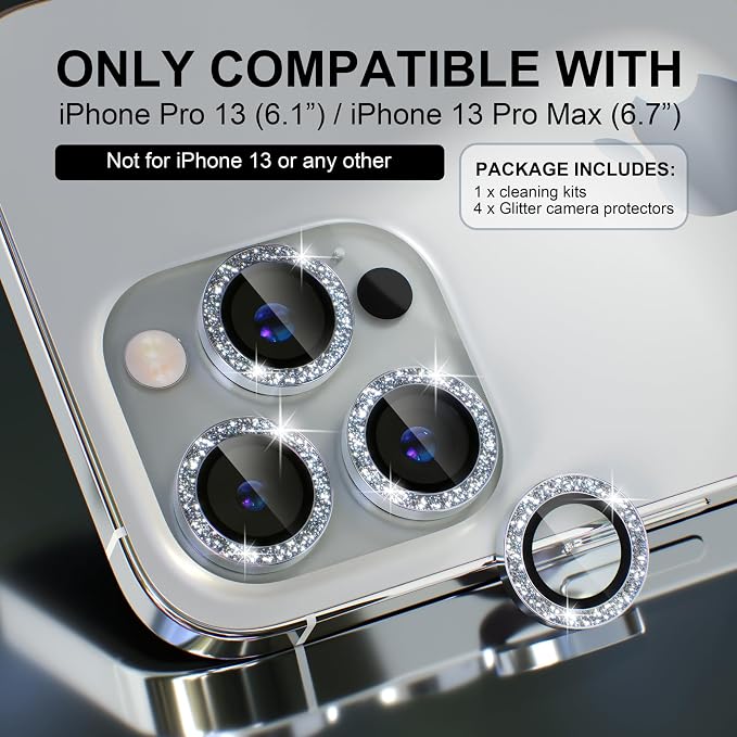 Choiche Compatible for iPhone 13 Pro/iPhone 13 Pro Max Camera Lens Protector Bling, 9H Tempered Glass Camera Cover Screen Protector Metal Ring Decoration Accessories (Glitter-Silver)