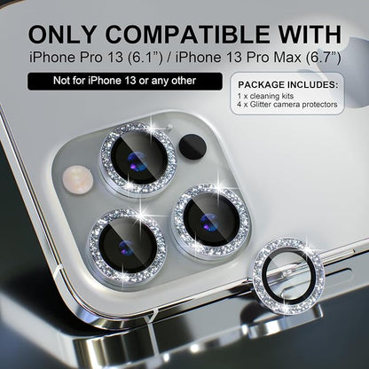 Choiche Compatible for iPhone 13 Pro/iPhone 13 Pro Max Camera Lens Protector Bling, 9H Tempered Glass Camera Cover Screen Protector Metal Ring Decoration Accessories (Glitter-Silver)