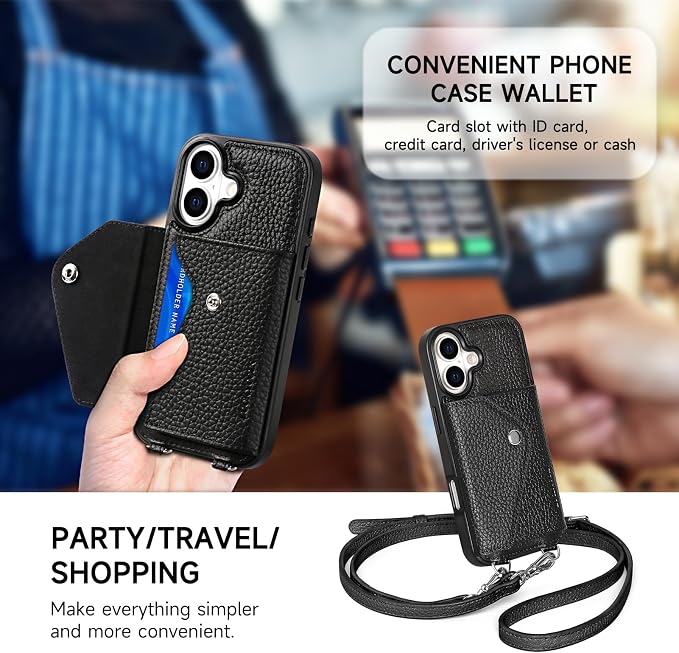LUCKYCOIN for iPhone 17 Crossbody Wallet Case – Genuine Leather Phone Purse with Adjustable Strap and Card Holder,Lanyard Phone Purse Case for Women,Pebble Grain Black