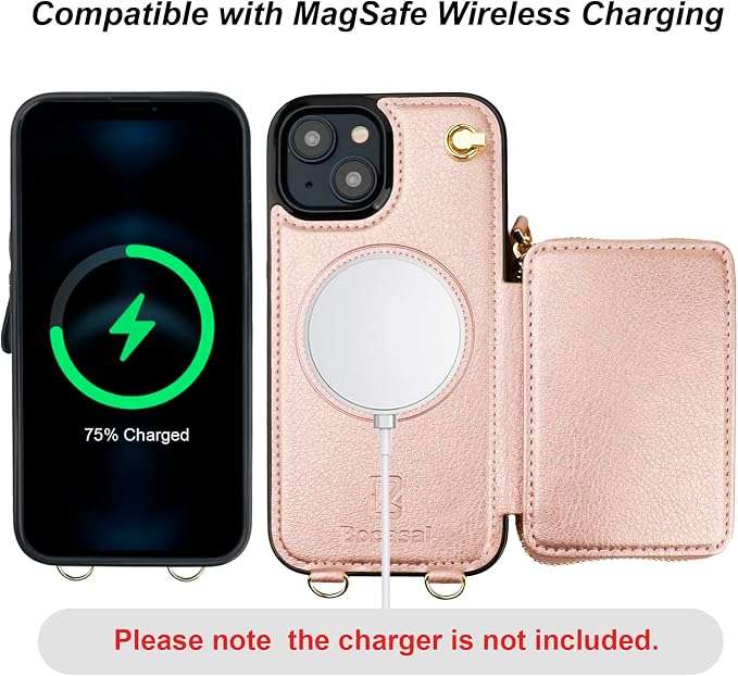 Bocasal for MagSafe Crossbody Wallet Case Compatible with iPhone 15, RFID Blocking Protective Purse Case with Card Slots Holder Kickstand Wrist Strap Lanyard Zipper 6.1 Inch 5G (Rose Gold)