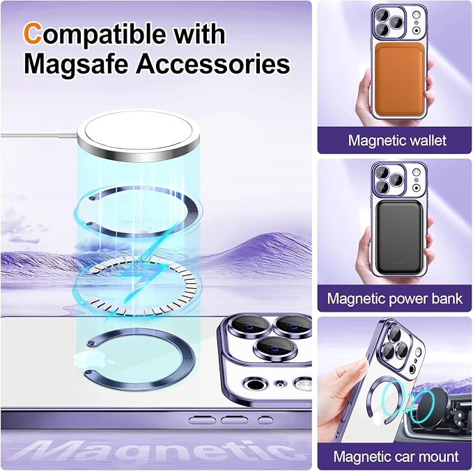 Hython for iPhone 17 Pro Case Glitter Clear Magnetic Phone Cases [Compatible with MagSafe] Full Camera Lens Protector Sparkle Luxury Plating Slim Shockproof Protective Cover, Gradient Light Purple