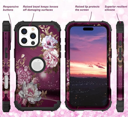 Hocase for iPhone 16 Pro Case 6.3", Heavy Duty Shockproof Protection Soft Silicone Rubber+Hard Plastic Bumpers Hybrid Protective Case for iPhone 16 Pro 2024 - Royal Purple Flowers