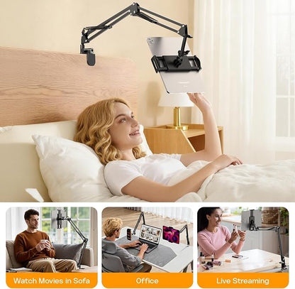 2 Pack Gooseneck Phone Holder for Bed Flexible Long Arm Phone Mount for Desk Upgraded Metal Stable Clip Bed Phone Holder for iPhone iPad mini 7 Kindle Switch All 4.7-13” Devices,Black