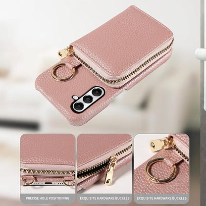 Wallet Case for Samsung Galaxy A24 4G/5G with Shoulder Strap Ring Buckle PU Leather Zipper Flip Organ Purse, Credit Card Holder Stand Full Body Cell Phone Cover for A 24 24A Lte Women Rose Gold