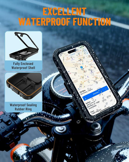 Waterproof Motorcycle Phone Mount, Bike Phone Holder, [No Block Camera] [Quick Install] Secure Bicycle Scooter ATV Handlebar Clamp Clip, Adjustable Fit 4.7-6.9" Cell Phones
