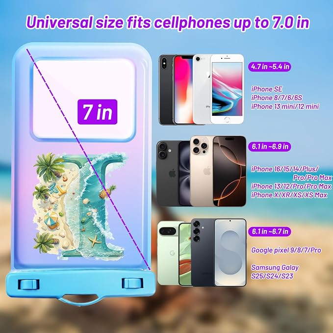 Personalized Initial Waterproof Phone Pouch Case - IPX8 Cellphone Dry Bag with Lanyard for iPhone 16/15/14/13/12 Pro Max (6.1–6.9"), Beach & Cruise Ship Essentials with Monogrammed Design (Blue, I)