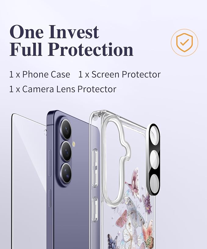 GVIEWIN for Samsung Galaxy S26 Plus Case, Clear Floral Slim Shockproof Protective Women Phone Case, Non-Yellowing, with Screen Protector&Camera Lens Protector for S26 Plus 6.7", Flutters/Purple