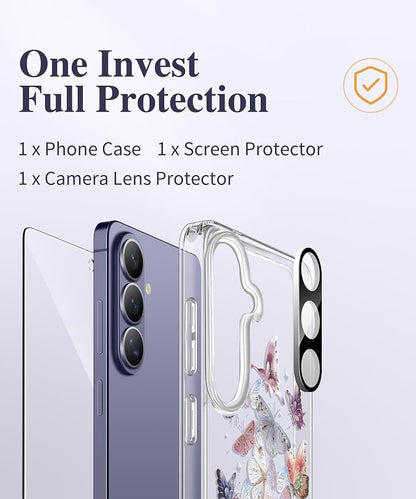 GVIEWIN for Samsung Galaxy S26 Plus Case, Clear Floral Slim Shockproof Protective Women Phone Case, Non-Yellowing, with Screen Protector&Camera Lens Protector for S26 Plus 6.7", Flutters/Purple