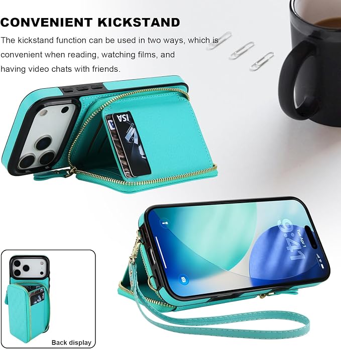 Bocasal Crossbody Wallet Case for iPhone 17 Pro Max, RFID Blocking PU Leather Zipper Handbag Purse Flip Cover, Kickstand Folio Case with Card Slots Holder Wrist Strap Lanyard 5G 6.9 Inch (Mint Green)