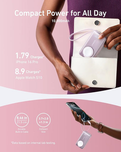Anker MagGo Power Bank for Apple Watch, Officially Certified 10,000mAh Compact Battery Pack with Built-in USB-C Cable, 35W Max, for iPhone 15 Series, Samsung, iPad, AirPods, and More(Pink)
