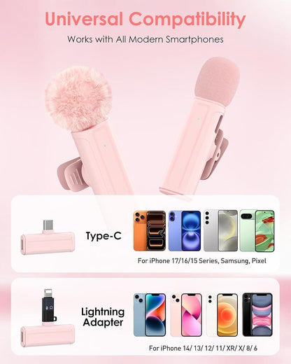 Wireless Mini Microphone for iPhone, iPad, Android, 2 Pack Lavalier Mic with 360° Rotatable Clip, Plug and Play Noise Reduction USB-C Mic for Video Recording YouTube TikTok Content Creators, Pink
