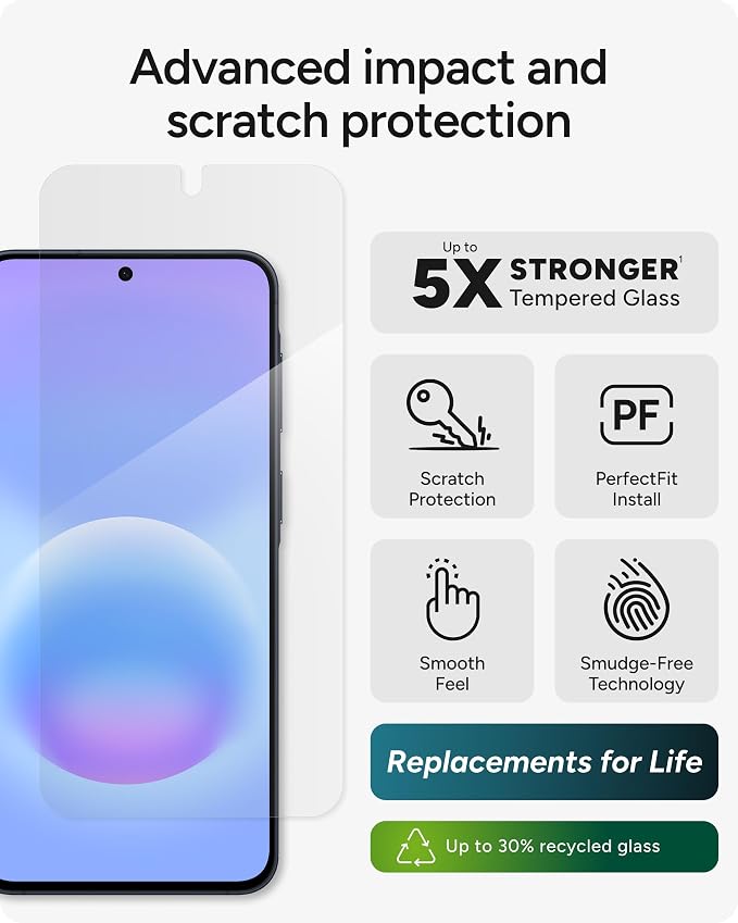 ZAGG Glass Elite Samsung Galaxy A57 5G Screen Protector - 5x Stronger Tempered Glass, Fingerprint Scanner Compatible, 30% Recycled Glass, InvisibleShield, Easy Install PerfectFit