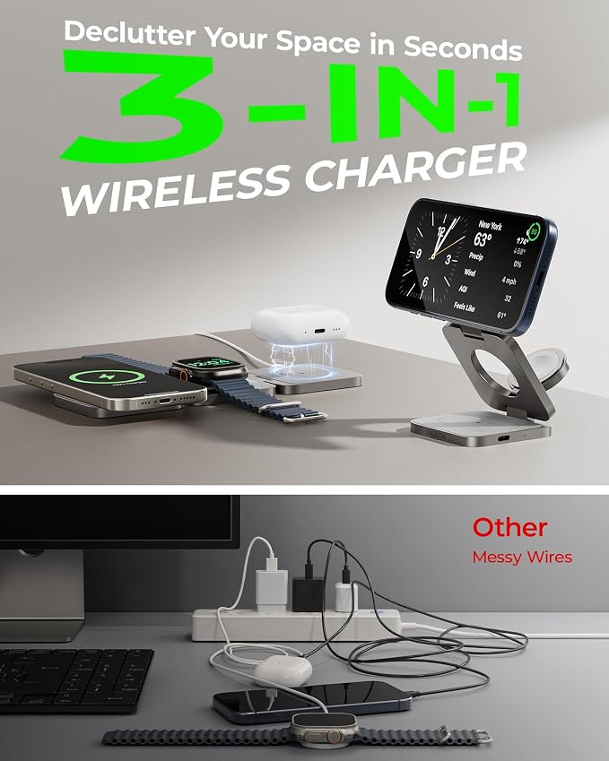 3 in 1 Charging Station for Apple - Qi2.2 25W Magnetic Wireless Charger for iPhone 17, Apple Watch, AirPods, Travel Fast Charging Foldable Stand with 45W GaN Adapter, Aluminum Alloy Design