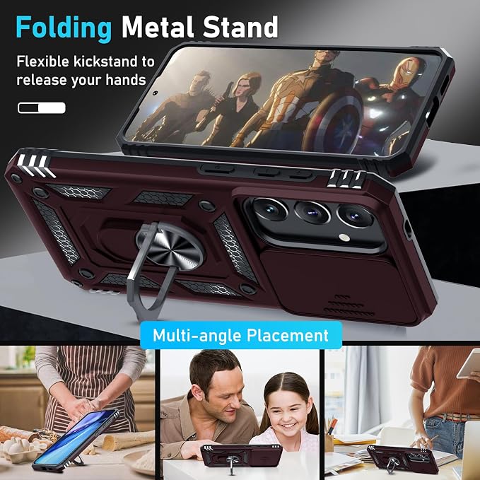 Janmitta Compatible with Samsung Galaxy S25 Plus/S24 Plus Case Built in Slide Camera Lens Cover+Screen Protector+Finger Ring Holder Kickstand,Heavy Duty Shockproof Full Body Phone Cover,Wine Red