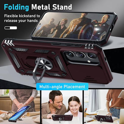 Janmitta Compatible with Samsung Galaxy S25 Plus/S24 Plus Case Built in Slide Camera Lens Cover+Screen Protector+Finger Ring Holder Kickstand,Heavy Duty Shockproof Full Body Phone Cover,Wine Red