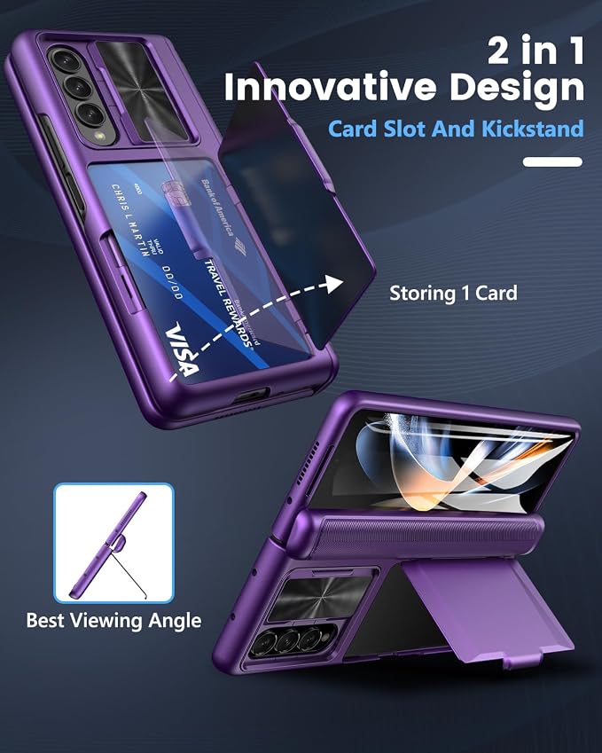 Viaotaily for Galaxy Z Fold 4 Case with Card Holder & Slide Camera Cover, Built-in Screen Protector & Hinge Protection, Shockproof Durable Wallet Phone Case for Galaxy Z Fold 4, Dark Purple