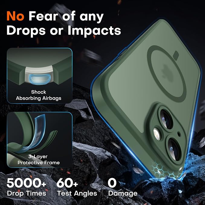 TOCOL for Phone 15 Case, Compatible with Magsafe Charger, Full Camera Protection, Drop Protection, Translucent Matte Phone Case for iPhone 15 6.1 inch (Alpine Green)