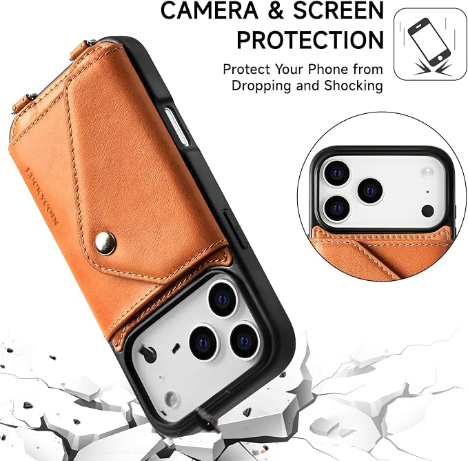 LUCKYCOIN for iPhone 17 Pro Crossbody Wallet Case – Genuine Leather Phone Purse with Adjustable Strap and Card Holder,Lanyard Phone Purse Case for Women,Vintage Brown