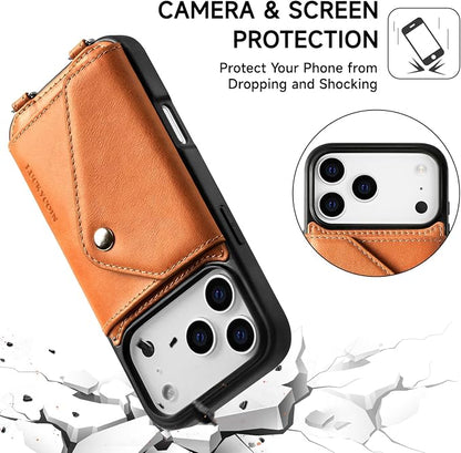 LUCKYCOIN for iPhone 17 Pro Crossbody Wallet Case – Genuine Leather Phone Purse with Adjustable Strap and Card Holder,Lanyard Phone Purse Case for Women,Vintage Brown