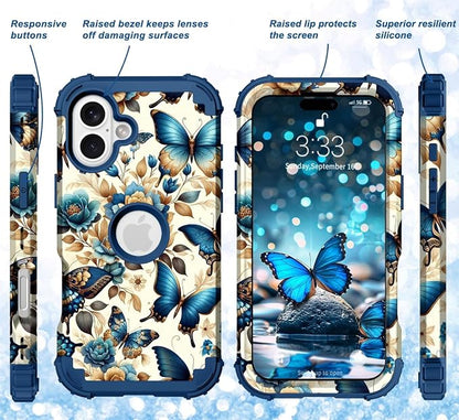 Hocase for iPhone 16 Case 6.1", Heavy Duty Shockproof Protection Soft Silicone Rubber+Hard Plastic Bumpers Hybrid Protective Case for iPhone 16 2024 - Blue Butterflies