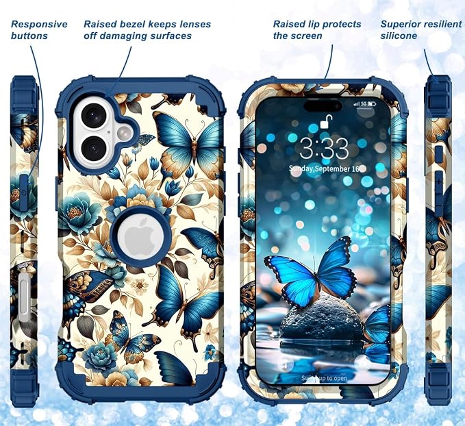 Hocase for iPhone 17 Case 6.3", Heavy Duty Shockproof Protection Soft Silicone Rubber+Hard Plastic Bumpers Hybrid Protective Case for iPhone 17 2025 - Blue Butterflies