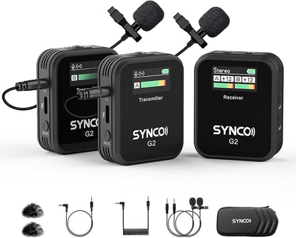 SYNCO Wireless Lavalier Microphone, G2(A2) 2.4G Dual Transmitter 48KHz 24Bit Lapel Mic 656FT 8H for Vlogging Live Streaming YouTube for Camera Smartphone Tablet