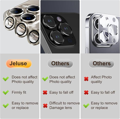 Jeluse Camera Lens Protector for iPhone 17 Pro Max/17 Pro/16 Pro Max/16 Pro/15 Pro Max/15 Pro/14 Pro Max/14 Pro, 9H Tempered Glass Screen Protector Cover Alignment Kit Metal Individual Ring