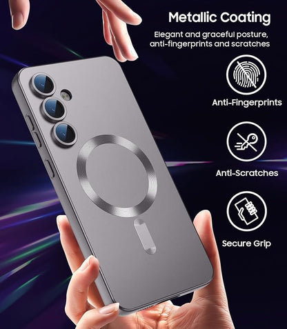 Magnetic for Samsung Galaxy S25 Case [Compatible with MagSafe][Built-in Camera Lens Protector] Slim Soft Silicone Bumper Shockproof Metallic Luster Phone Case (Gray)