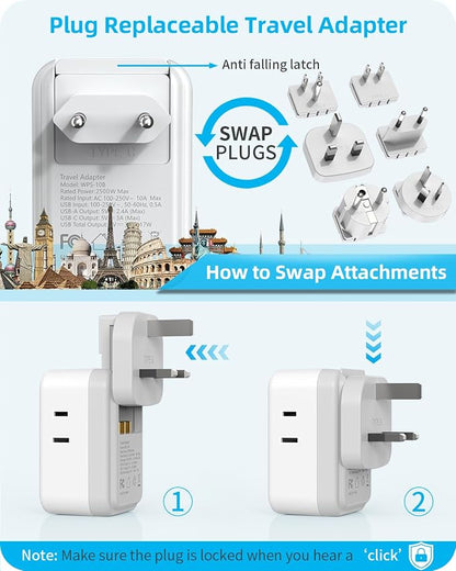 International Power Adapter Set, Travel Adapter, US to EU/UK/AUS/Japan | Travel Plug Adapter, Type F/G/I/C/B/A Detachable Plug, 4 AC Outlets 4 USB Ports (2 USB C), Worldwide Universal Travel Adapter