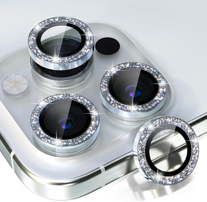 Choiche Compatible for iPhone 15 Pro/iPhone 15 Pro Max Camera Lens Protector Bling, 9H Tempered Glass Camera Cover Screen Protector Metal Ring Decoration Accessories (Glitter-Silver)