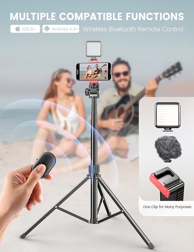 Pnitri 71'' Phone Tripod Stand, Extendable Reinforced Aluminum Phone Stand with Wireless Remote, Stable Cellphone Tripod Compatible with iPhone 15/14/13 Galaxy S23/S22 Huawei.
