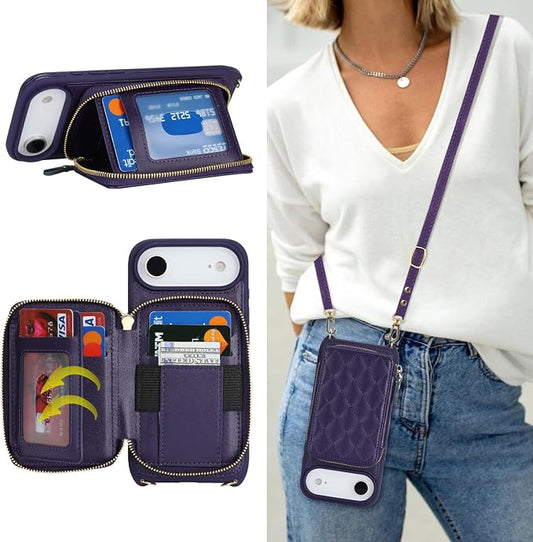 Crossbody Wallet Case for iPhone Air, PU Leather Zipper Handbag Purse Flip Cover, Kickstand Folio Case with Card Slots Holder Wrist Strap Lanyard 5G 6.5 Inch-Purple
