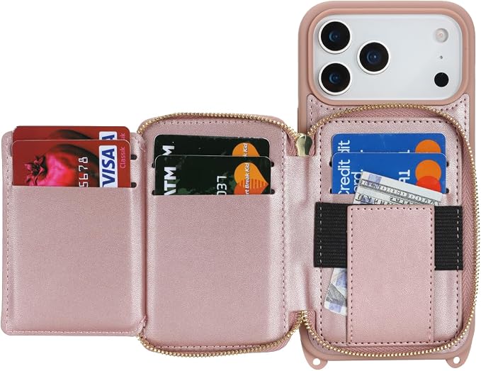 Crossbody Wallet Case for iPhone 17 Pro Max, PU Leather Zipper Handbag Purse Flip Cover, Kickstand Folio Case with Card Slots Holder Wrist Strap Lanyard 5G 6.9 Inch-Rose Gold