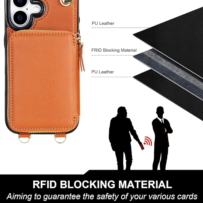 Bocasal for MagSafe Crossbody Wallet Case Compatible with iPhone 17, RFID Blocking Protective Purse Case with Card Slots Holder Kickstand Wrist Strap Lanyard Zipper 6.3 Inch 5G (Brown)