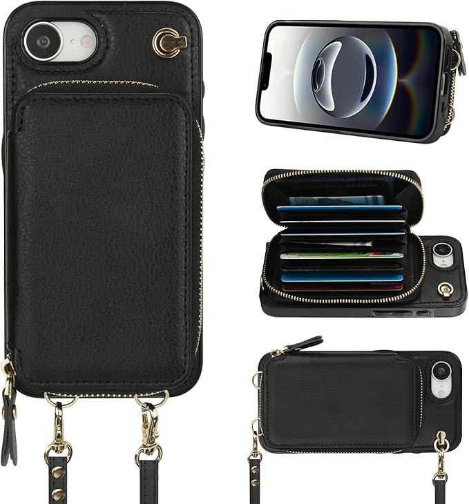 Bocasal Crossbody Wallet Case for iPhone 17e/16e, RFID Blocking Leather Purse Case with Card Holder, Protective Handbag Flip Cover with Zipper Wrist Strap Lanyard for Women 5G 6.1 Inch (Black)