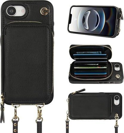 Bocasal Crossbody Wallet Case for iPhone 17e/16e, RFID Blocking Leather Purse Case with Card Holder, Protective Handbag Flip Cover with Zipper Wrist Strap Lanyard for Women 5G 6.1 Inch (Black)