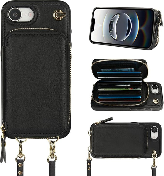 Bocasal Crossbody Wallet Case for iPhone 17e/16e, RFID Blocking Leather Purse Case with Card Holder, Protective Handbag Flip Cover with Zipper Wrist Strap Lanyard for Women 5G 6.1 Inch (Black)