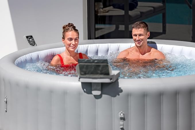 Bestway Lay-Z-Spa 4-in-1 Accessory Table for Hot Tubs, Side Tray for Tablet, Phone, Drinks and Snacks, Adjustable Universal Fit with Cup Holders, Grey