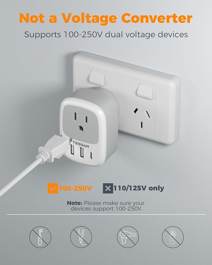 TESSAN Australia New Zealand Power Adapter, 3 Pack, Type I