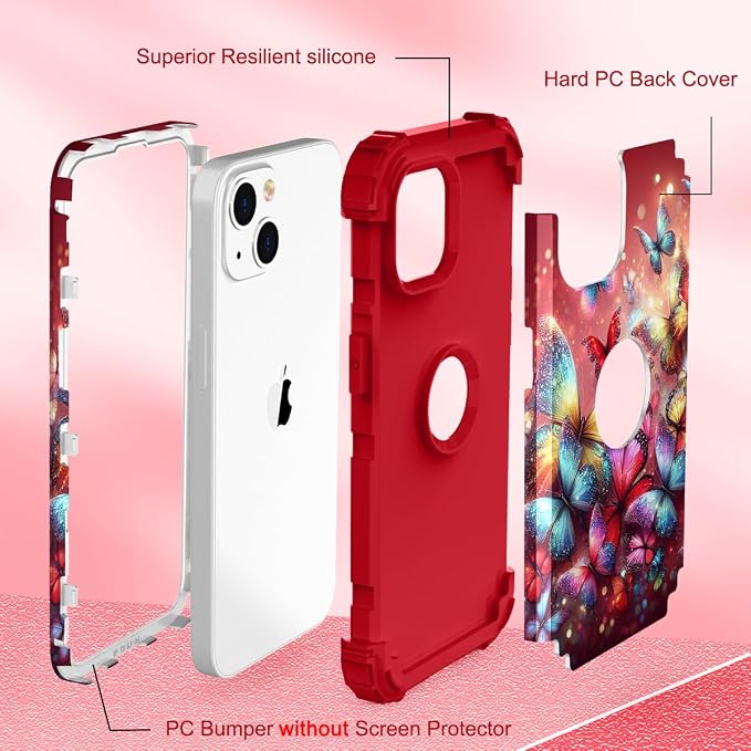 Hocase for iPhone 15 Plus Case, Heavy Duty Shockproof Protection Soft Silicone Rubber Bumper+Hard Plastic Hybrid Protective Case for iPhone 15 Plus 6.7" 2023 - Shimmering Butterflies in Red