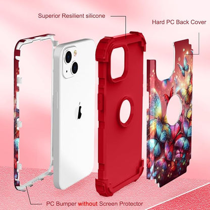 Hocase for iPhone 15 Plus Case, Heavy Duty Shockproof Protection Soft Silicone Rubber Bumper+Hard Plastic Hybrid Protective Case for iPhone 15 Plus 6.7" 2023 - Shimmering Butterflies in Red