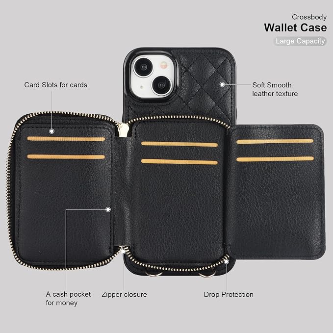 Bocasal Crossbody Wallet Case for iPhone 15 Plus, RFID Blocking PU Leather Zipper Handbag Purse Flip Cover, Kickstand Folio Case with Card Slots Holder Wrist Strap Lanyard 5G 6.7 Inch (Black)