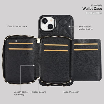 Bocasal Crossbody Wallet Case for iPhone 15 Plus, RFID Blocking PU Leather Zipper Handbag Purse Flip Cover, Kickstand Folio Case with Card Slots Holder Wrist Strap Lanyard 5G 6.7 Inch (Black)