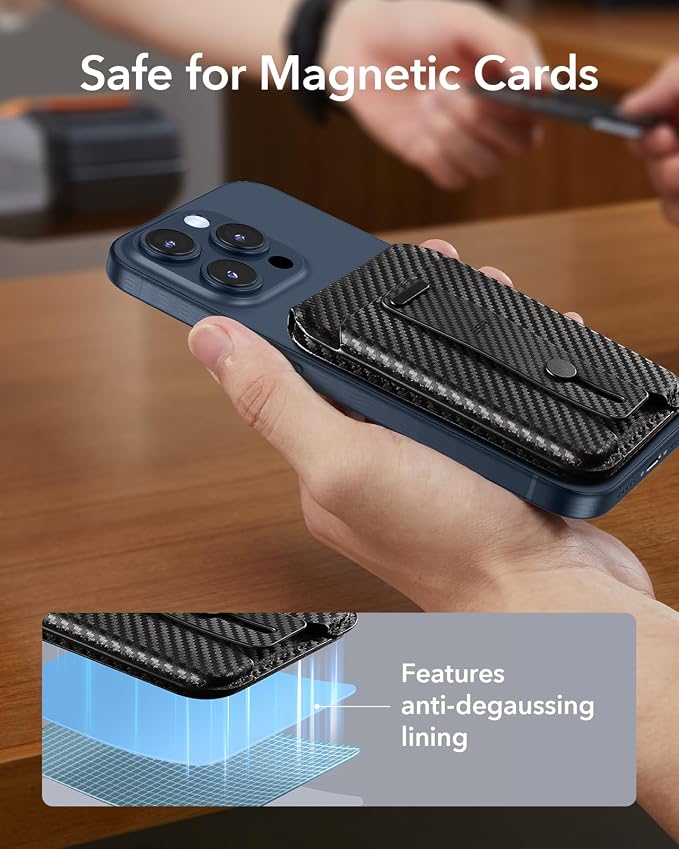 ESR for MagSafe Wallet Stand with Grip, RFID Blocking, MagSafe Ring Included, 5 Cards Holder Magnetic Wallet for iPhone 17e/17/16/15/14/13/12 (Not for 13/12 Mini), Selected Samsung, Black Carbon Fiber